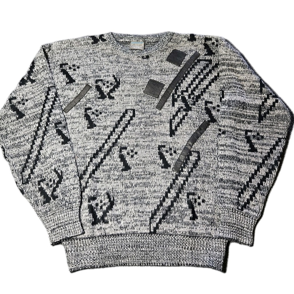 Vintage Playboy Sweater Mens Large Gray Knit Leather Trim Geometric Grandpa Core